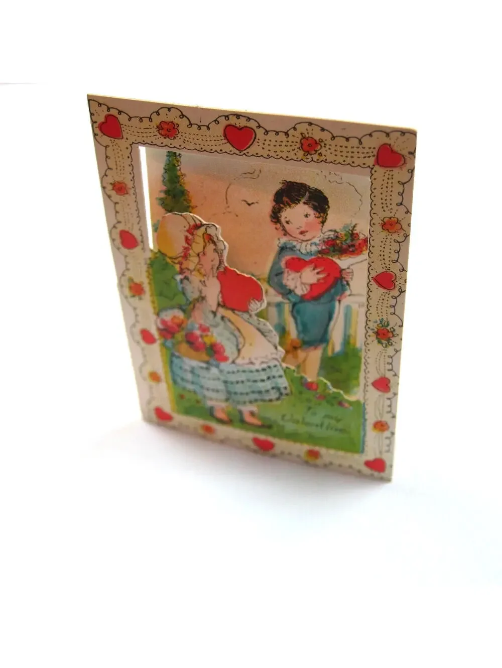 Vintage Valentine Die cut Fold 3D Card Girl & Boy 1800s Dress 1920s-30s UNSIGNED